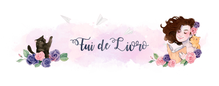 A fantasy banner featuring a brown-haired girl reading a book, a black cat, and purple-pink flowers on a dark watercolor