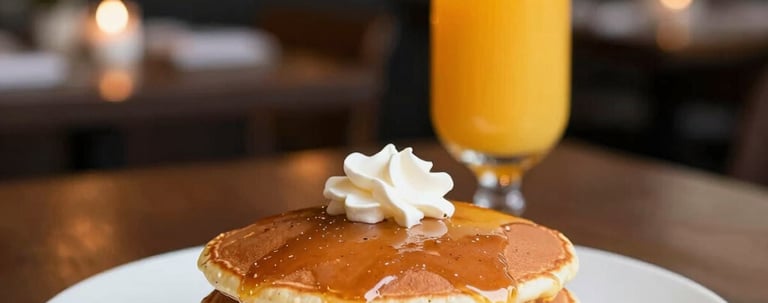 Stack of fluffy pancakes with maple syrup and whipped cream on a plate in a cozy cafe.