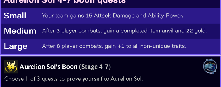 Teamfight Tactics TFT Set 17 Space Gods Aurelion Sol's Boon quests small medium large