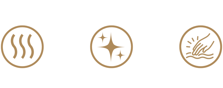 Gold icons on a black background representing heat, shine, and soft texture for luxury product features.