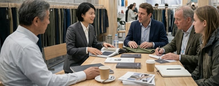 Yunlan Textile representative discussing garment manufacturing with international apparel brand delegates