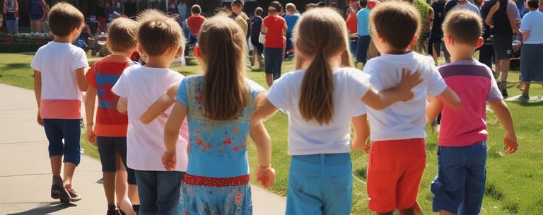 Two children are engaged in play, with a toddler holding a bubble wand and a slightly older child assisting with the bubble mixture. The older child is wearing a colorful mask and has intricate patterns drawn on their hands, suggesting cultural or ceremonial significance. They are outdoors with trees and a wooden structure in the background.