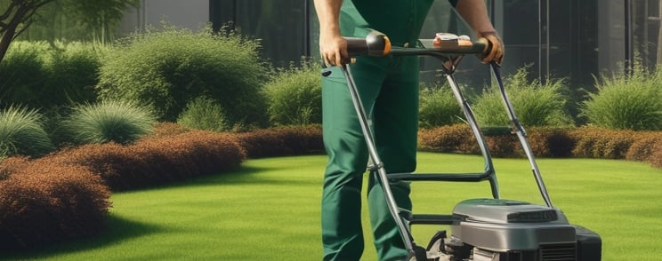 Jardineiro da Venerra Facilities cortando grama de empresa com maquina em São Paulo