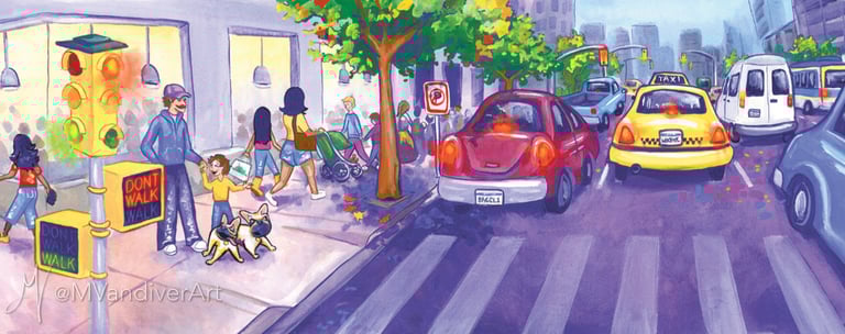 Illustrations from Bruno & Frida Go To New York by New Orleans artist Melissa Vandiver.