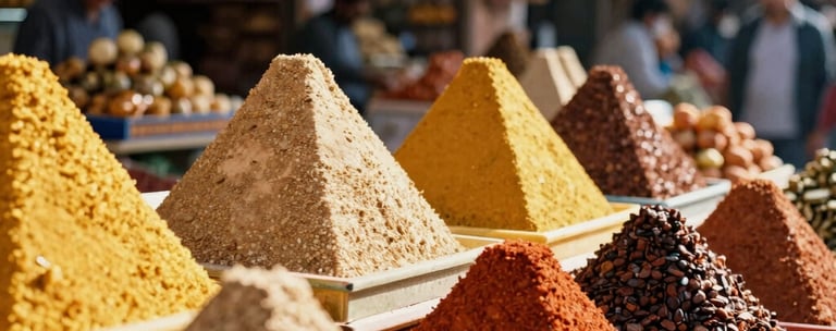 Sun-drenched bustling spice market in Marrakech, vibrant colors, golden light, tight crop