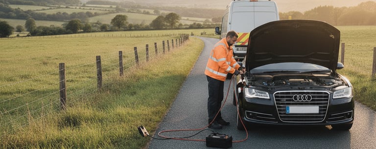 A recovery Assistant is using Jump Start on Audi