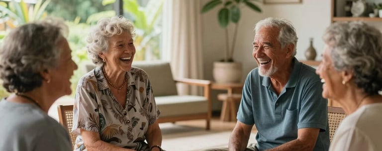 A lifestyle photograph of a small group of seniors laughing and talking together in a bright, airy common room with natural decor in Mauritius.