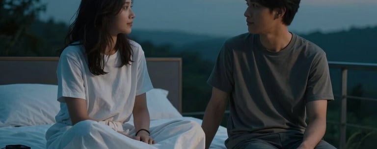 A peaceful North American bedroom scene at dusk, a couple sitting at the foot of the bed engaged in a calm, meaningful conversation. Atmospheric lighting, focus on soft textures and palette of deep teal and white.