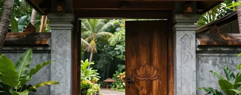 The serene entrance of the Veppam Aura Core centre in South Asian style, featuring a stone path, lush tropical greenery, and a subtle lotus symbol carved into a wooden gate.