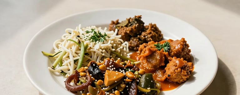 A high-angle shot of a simple, healthy South Asian vegetarian meal served on a clean plate, placed on a light cream table in a sunlit dining area.