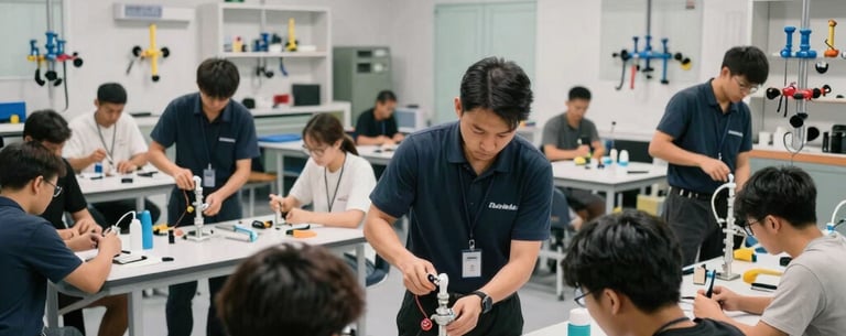 A wide shot of a modern, professional training facility in North America where instructors are demonstrating plumbing techniques to a group of engaged apprentices.