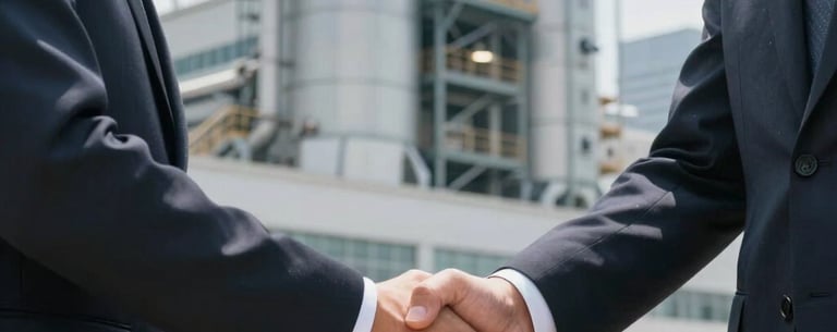 A professional handshake between two individuals in business-casual attire standing in front of a modern industrial facility in a bright North American city environment, signifying partnership.
