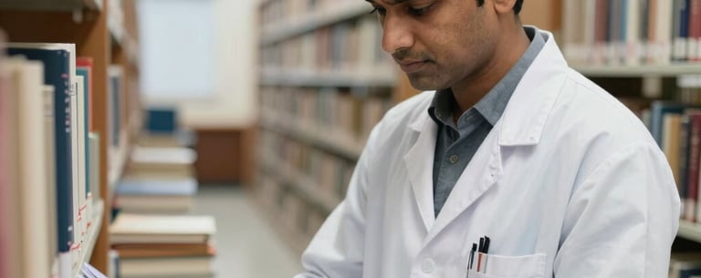 A South Asian / Indian researcher working in a bright library or archive, focused on documents, symbolizing the foundation's commitment to policy and research.