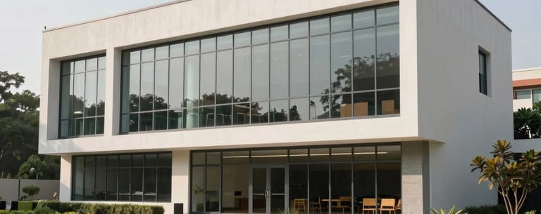 A modern community resource center building with large glass windows and clean lines, South Asian / Indian architectural motifs, surrounded by well-kept urban greenery.