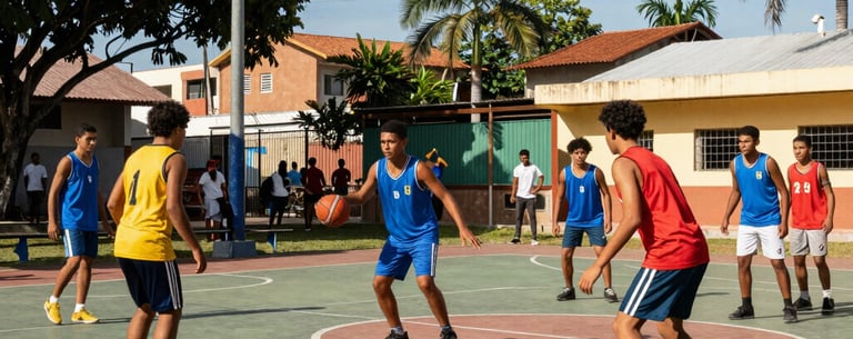 A vibrant South American / Brazilian community sports court where youth are engaged in a playful activity, bright daylight, high-end photography style.