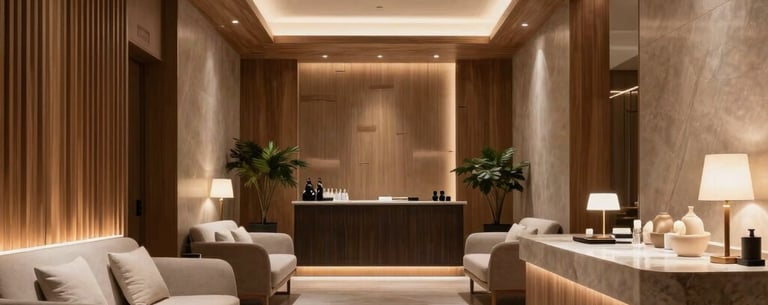 A photography shot of a wide, elegant spa lobby with modern wood accents, soft indirect lighting, and minimalist luxury decor. Global / International Luxury.