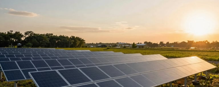 A wide-angle landscape shot of a community-led green energy project in a beautiful rural setting, International / Diverse Communities, sunset lighting casting a golden glow, professional photography.