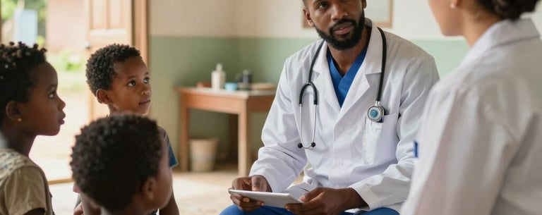 A mobile healthcare provider consulting with a family in a rural but well-kept community center, professional and warm interaction, International / Diverse Communities.