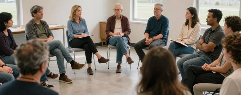A peaceful, brightly lit community room in the US where people are gathered in a semi-circle, suggesting a supportive and safe discussion environment.