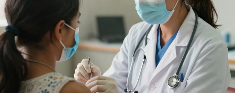 A sharp, focused photo of a medical professional providing a check-up at a community clinic in a North American setting, representing health and social well-being.