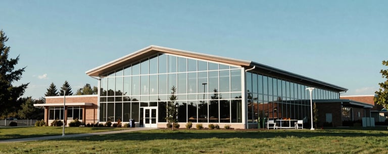 A wide-angle landscape photograph of a modern community center with glass walls reflecting a clear blue North American sky, surrounded by parkland, conveying quiet strength and stability.