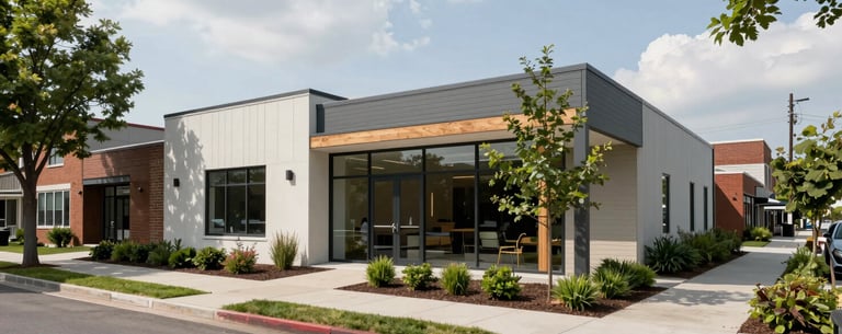 Exterior shot of a modern, accessible community center in a North American / US urban neighborhood. The building has clean architectural lines and is surrounded by a well-maintained sidewalk and greenery.
