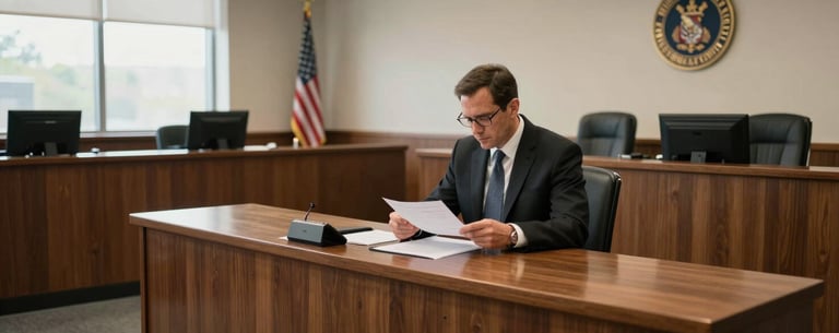 A wide shot of a North American / US courtroom, specifically focusing on the defense table where an attorney is reviewing documents. The atmosphere is solemn and professional, lit with natural window light.