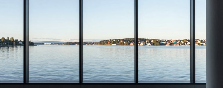 A high-quality photo of a modern office window overlooking a calm Northern European landscape, suggesting clarity and perspective.