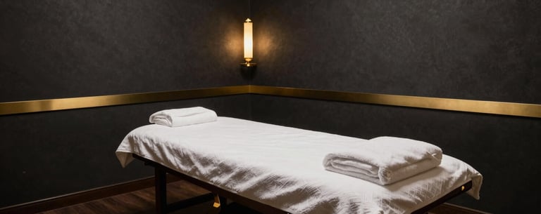 Interior view of a luxury Indian spa room with dark charcoal walls, gold accents, and a professionally prepared massage table.