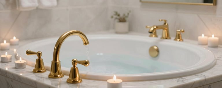 Warm, steaming bath in a luxurious bathroom with gold faucets and white marble, surrounded by tea light candles.