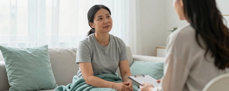 A calming photograph of a patient and a therapist engaged in a session in a bright, airy room. A soft teal blanket and light green pillows are visible. The composition is focused on a sense of connection and empathy, with soft daylight coming from the side.