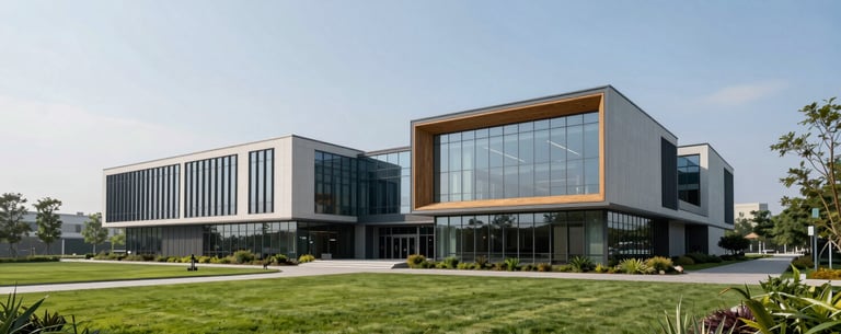 An exterior architectural photograph of a sleek, modern healthcare building in a North American setting. The design is contemporary with large glass panels and wood accents, surrounded by manicured green lawns and professional landscaping under a clear sky.