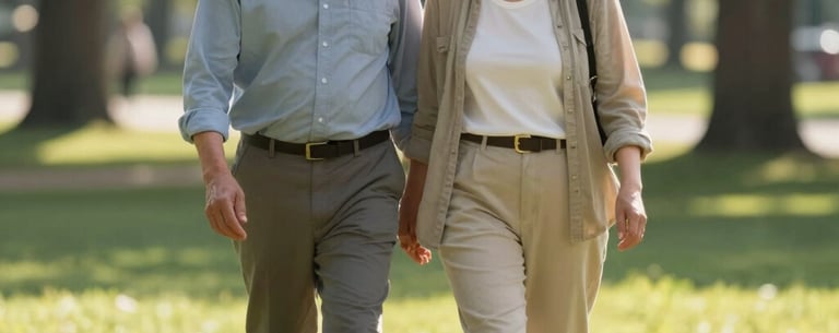 Photography of a mature North American couple walking happily through a sunlit park, representing the freedom and confidence of a well-planned retirement.