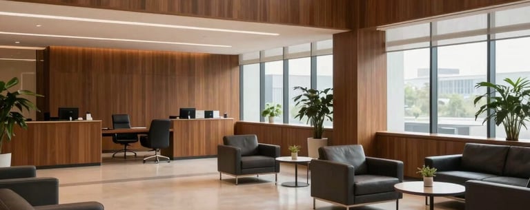A wide-angle, dignified shot of a light-filled professional office lobby with warm wood accents and charcoal furniture, conveying a sense of calm professionalism.