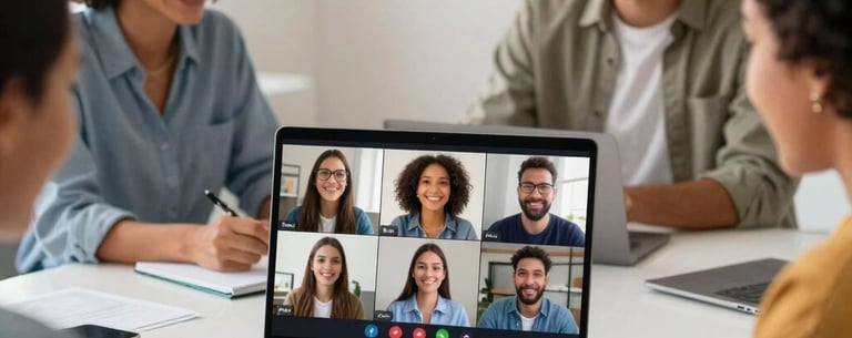 A small group of diverse Brazilian professionals participating in an interactive, empathetic online video conference on a laptop, warm and positive expressions. Sharp focus, clean modern desk setup.