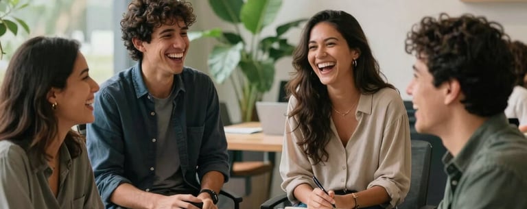 A candid team photo of modern South American / Brazilian coworkers laughing together in a bright, sustainable collaborative office space. Green plants, minimalist architecture, highly optimistic and professional energy.