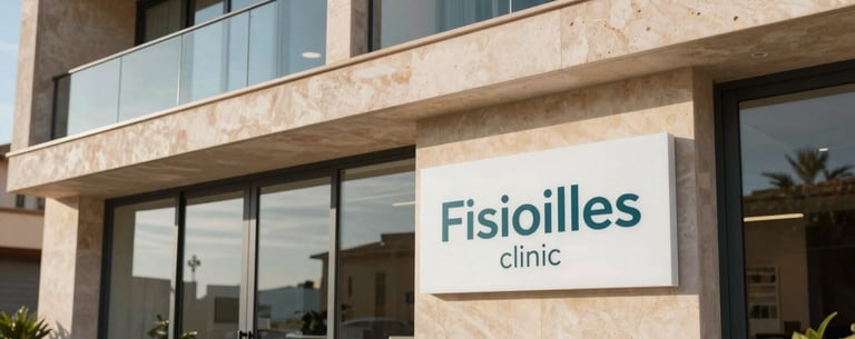 The exterior of the Fisioilles clinic in Palmanova, Mallorca, featuring modern Mediterranean architecture, large glass windows, and a clean professional sign, with soft coastal light.