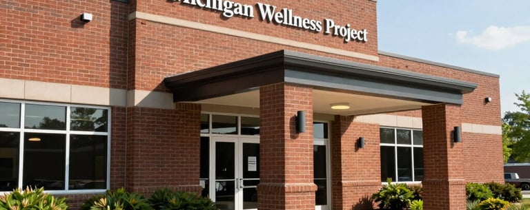 The exterior of the Michigan Wellness Project building in Okemos, Michigan. A professional and welcoming brick office entrance surrounded by neatly landscaped native Michigan greenery. Bright, clear sky. North American / Michigan US.