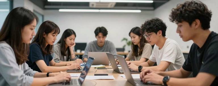 Candid photography of a collaborative technology workshop in a modern US office space, featuring individuals engaged in learning future-ready skills.