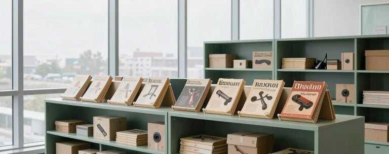 A wide photograph of a modern, clean North American / US office with floor-to-ceiling windows. Shelves in the background hold neatly organized boxes and vintage tool catalogs. The color palette includes soft sage green and light gray.