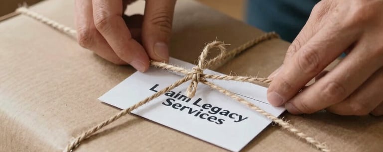 A high-quality photograph of a package being carefully wrapped in thick paper and tied with twine, representing professional delivery. A small Liam Legacy Services card is visible. North American / US setting, warm and reassuring lighting.