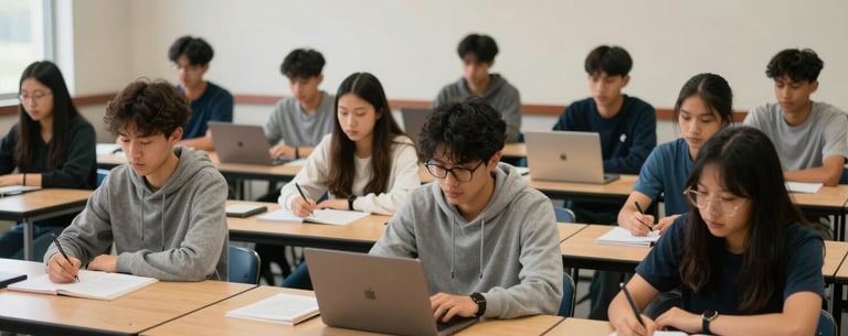 A documentary style photograph of a group of collegiate student-athletes in a campus study hall, highlighting the organization's focus on academic balance, North American / US Southern university setting.