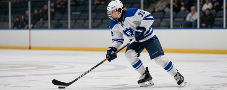 A dynamic shot of a student-athlete in a white and blue hockey jersey, stick-handling on the ice, blurred motion showing speed and focus, North American / US Southern arena atmosphere.
