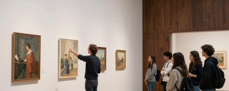 A wide view of a modern gallery space within the center, with minimalist architecture. A teacher is pointing to a large canvas while students observe. Clean, professional photography in a South American setting, off-white and dark brown tones.