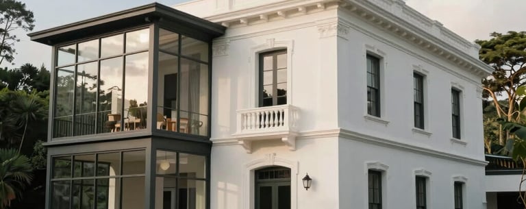 Exterior shot of a colonial-style building with modern glass expansions in a lush South American garden. The architecture is refined and elegant, surrounded by native flora under a soft blue sky. Palette: off-white and warm grey.