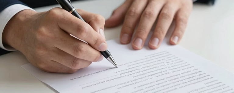 Close-up of a lawyer's hands signing a contract on a clean desk, highlighting precision and commitment, light grey and navy tones.