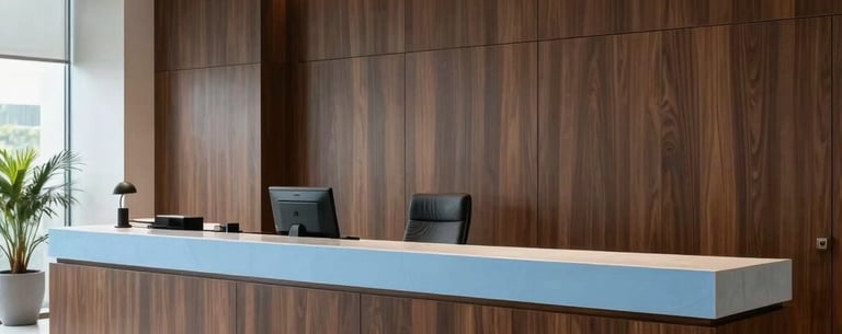 Wide shot of a minimalist, luxury law office lobby in Brazil, featuring dark wood, light blue accents, and a sense of calm authority.