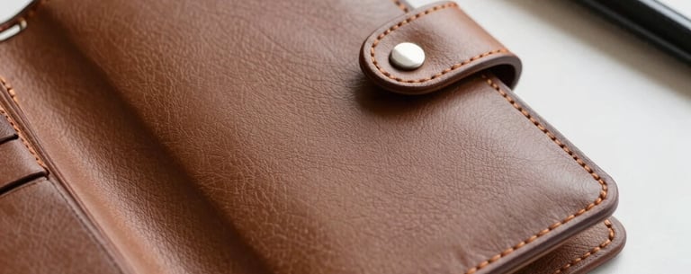 A close-up of a high-quality leather-bound organizer and a professional pen on a white desk. The lighting is soft and airy, conveying a sense of safety, order, and calm professionalism.