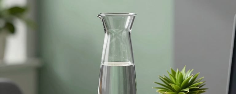 A minimalist North American office setting with a glass water carafe and a small green plant on a white stone table. The lighting is bright and reassurung, using soft green and slate grey accents.