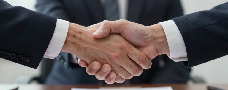 A close-up of hands shaking in a formal professional agreement, set against a blurred background of a distinguished office, representing accountability and partnership.